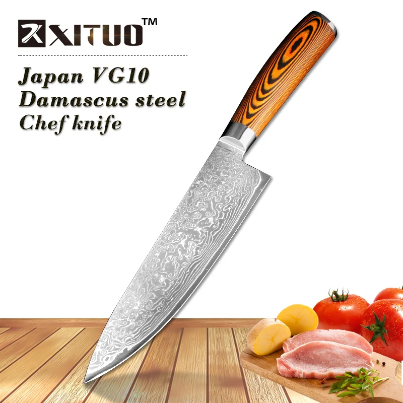 XITUO 3 шт. набор кухонных ножей японский дамасский стальной кухонный нож VG10 шеф-повара обвалка для очистки овощей Santoku универсальные ножи с деревянной ручкой