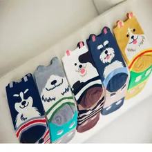 Осенне-зимние хлопковые полосатые женские Носки с рисунком собаки Kawayi, полосатые сетчатые милые тонкие дышащие новые высокие носки из акрила для девочек