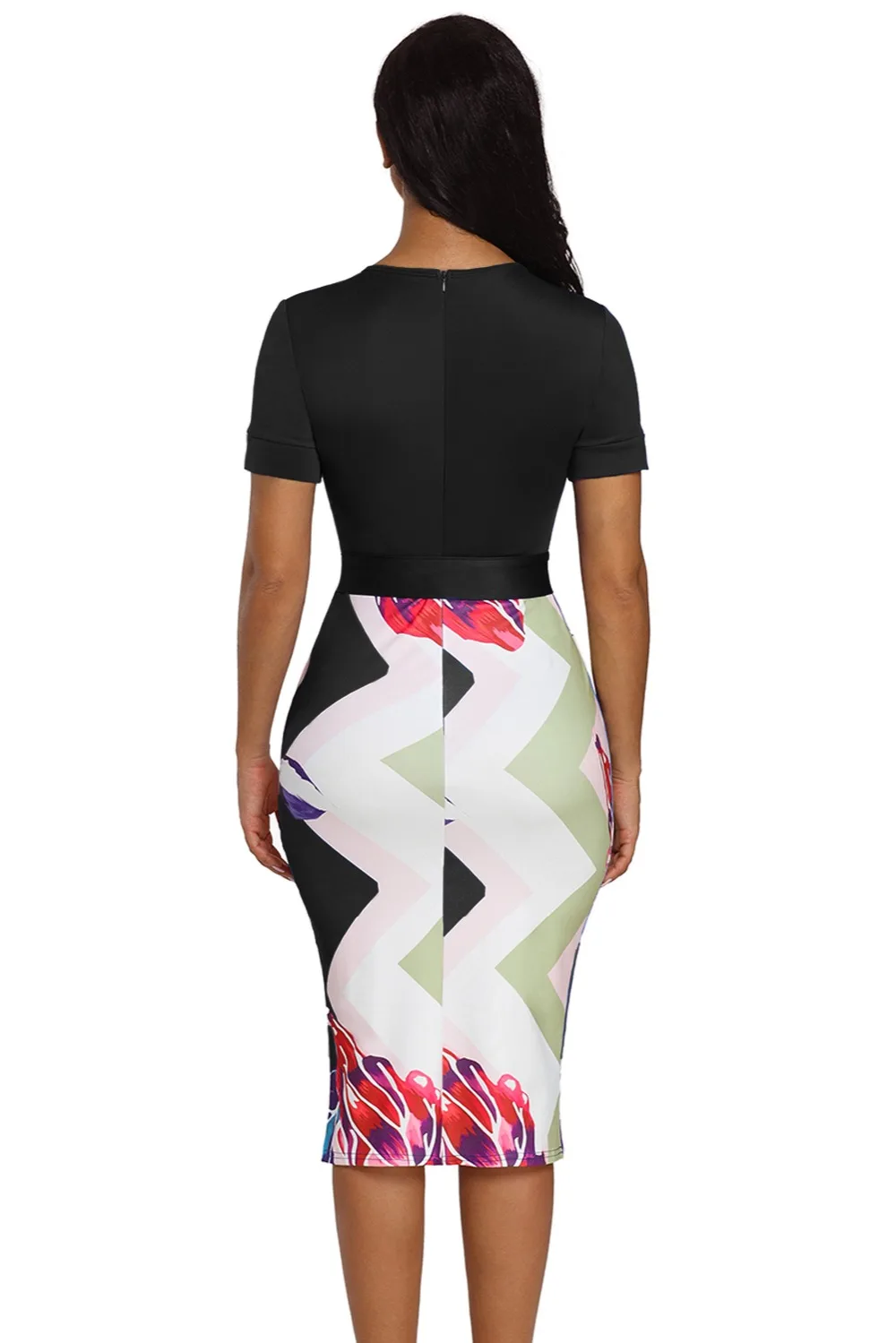 Black-Bowknot-Short-Sleeve-Printed-Sheath-Dress-LC610096-2-2