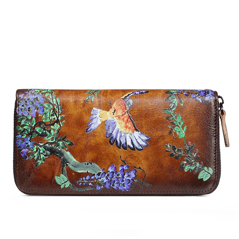 SOUTH GOOSE Genuine Leather Women Wallet Luxury Long Purse Birds Embossing Clutch Bag High Quality Female Card Holder Phone Bag