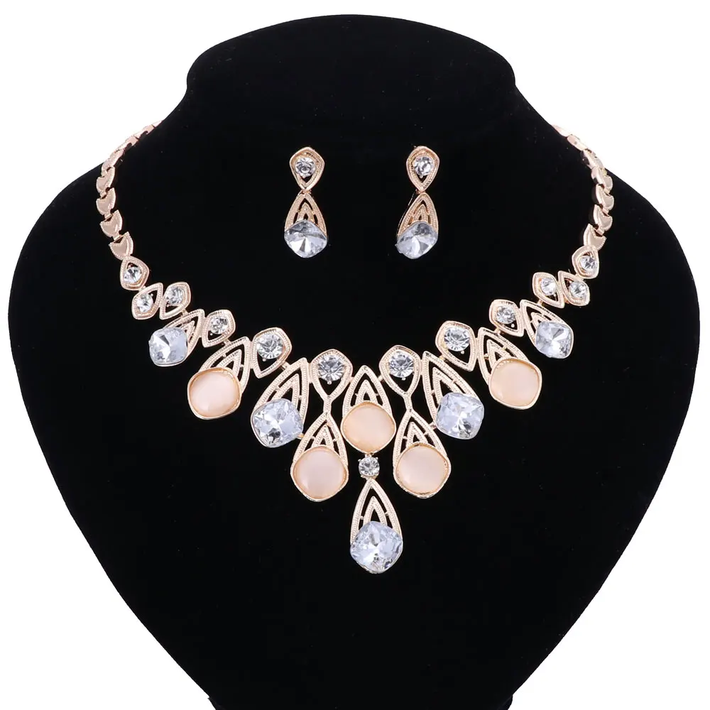 Fashion Jewelry Sets For Women Rhinestones Crystal Necklace Earrings Gold Color Wedding Party CZ