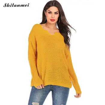 

2019 New Pullover Sweater Fashion Irregular Neck Lady Knitted Solid Color Long Sleeve Casual Loose Sweater Women