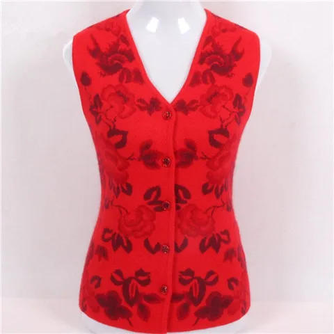 Большой размер коза, кашемир v-образный вырез вязаный женский модный жаккард без рукавов Толстый жилет свитер красный 2 цвета S/5XL - Цвет: red