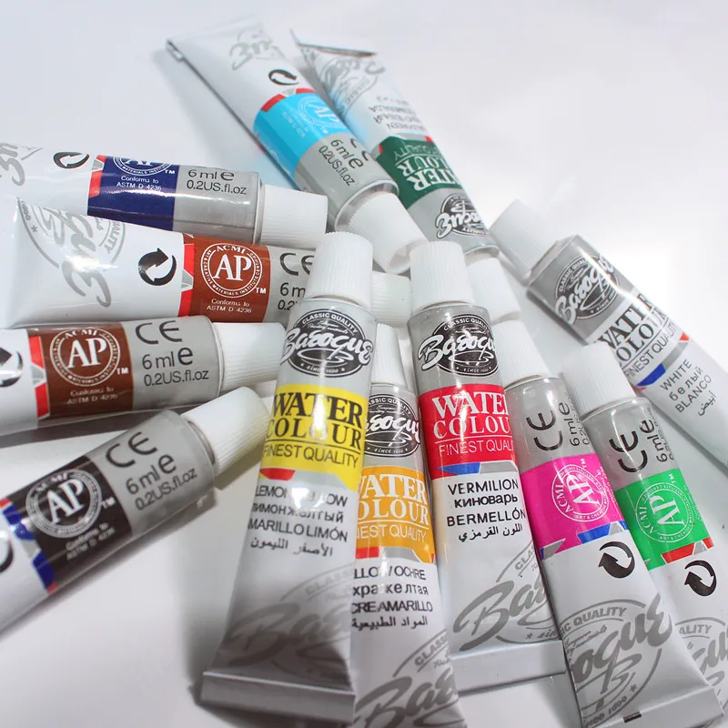 6ML 12 Colors Tubes Set Watercolor Paints Professional Water Paint Hand Painted Canvas Pigment Art Supplies Free Brush