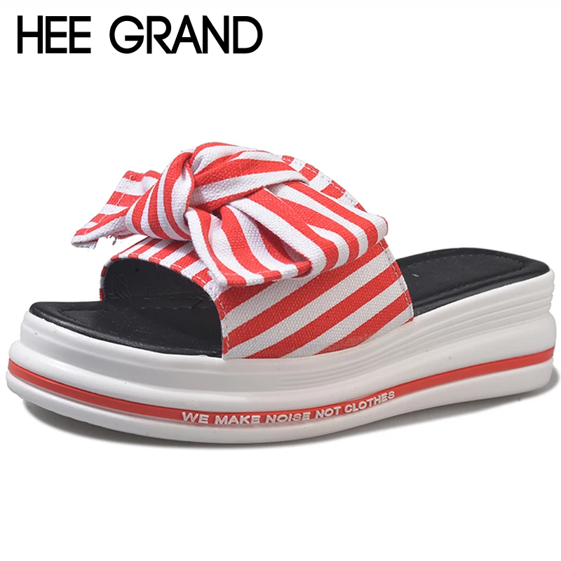 

HEE GRAND Striped Wedges Slippers Summer Platform Shoes Woman Slip On Creepers Butterfly-knot Casual Slides XWT1358