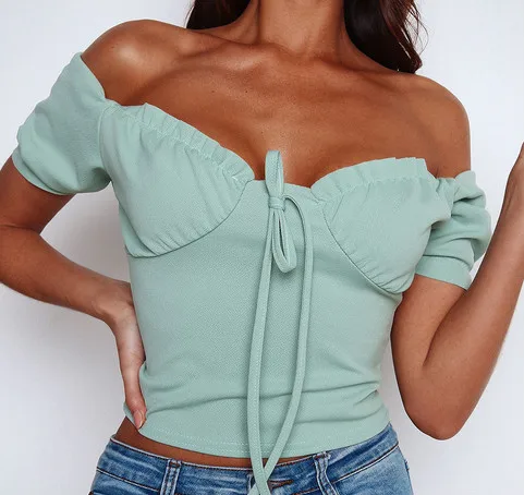 Newest Women lady solid crop tops Hot summer off shoulder bandage short sleeve shirt Strapless Casual Tank Top Club Camis