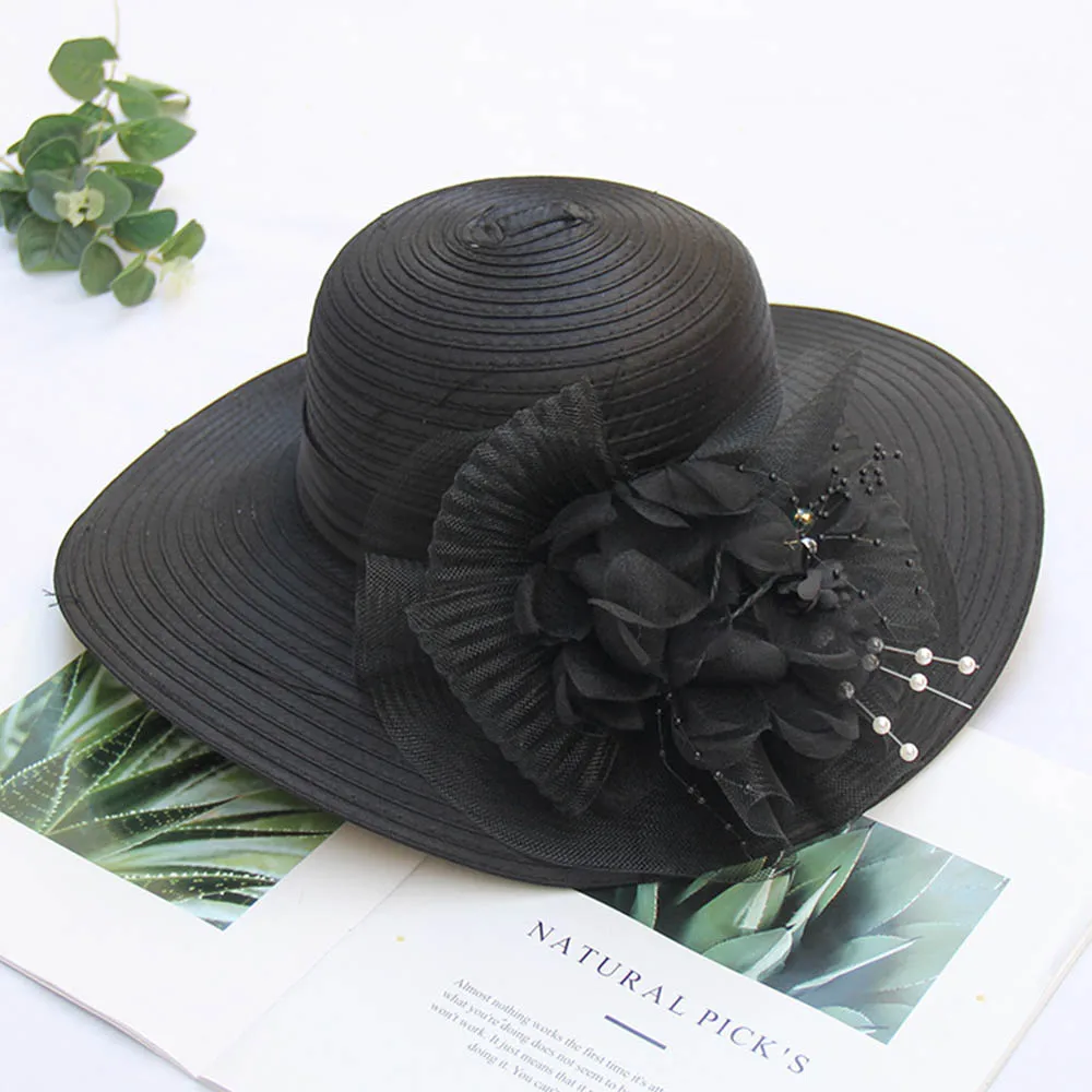 FS Fascinator Women Tea Party Kentucky Derby Hats With Pearl Flower Wide Brim Black White Ladies Wedding Dress Chapeau Femme - Цвет: Hat 12
