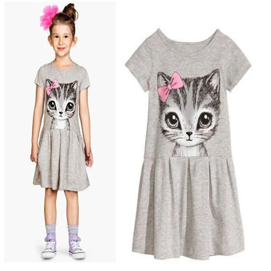 Summer Cat print girls dress grey baby girl dresses children clothing child 2-7years O-neck Princess Dress clothes baby girl