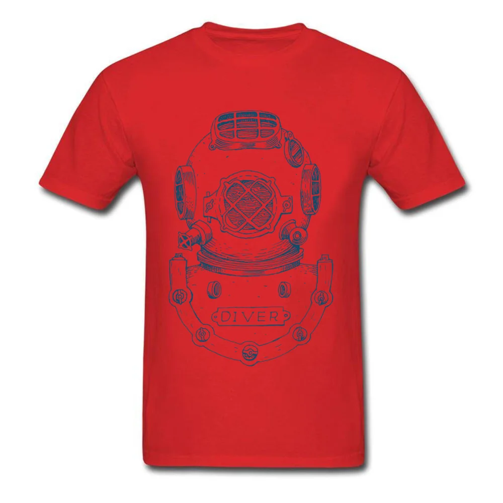 Normal Cotton Fabric Tees for Men Normal T Shirt Printed On Family Crew Neck Tees Short Sleeve Drop Shipping Vintage Deep Sea Diver Helmet Illustration red
