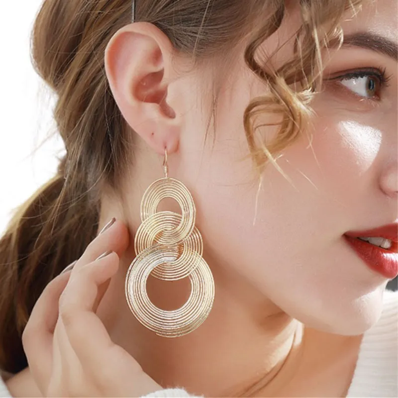 Ear Clip Earrings Punk Gold Color Big Geometric 3 Circle Long For Women Bohemian Party Exaggerated Fashion Jewelry