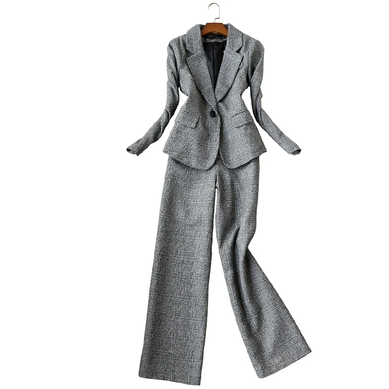 Wideleg pants suits Высококачественный осенний и зимний модный костюм, женский профессиональный и квалифицированный твидовый костюм в британском стиле, брюки-карандаш - Цвет: Wideleg pants suits
