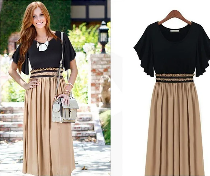 

2019 new summer dress women's large size bat sleeves lotus leaf sleeves chiffon large swing dress pleated long dress women