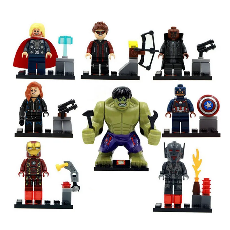 

8pcs/lot Superheroes The Avengers Hulk Thor Captain Iron-man figures weapon Model Building Blocks Kit Toys for Children Gifts