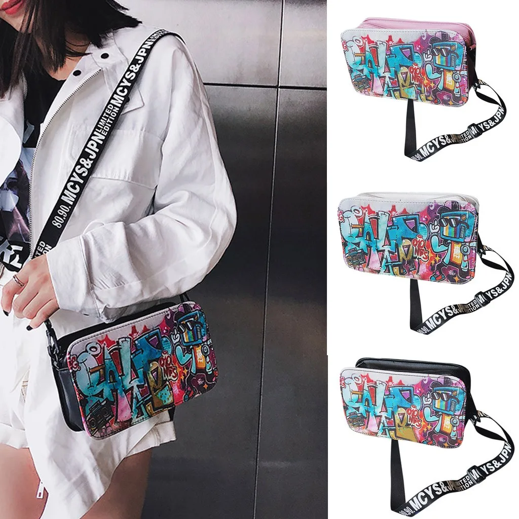 

Women's small bag ladies 2019 fashion ladies leather shoulder bag personality graffiti zipper single shoulder bag bag@py