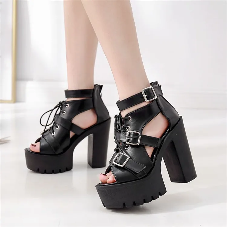 

PXELENA Gladiator Sandals Women Vintage Rome Buckle Punk Rock Gothic Chunky Block Square Super High Heel Sandal 2019 Summer Shoe