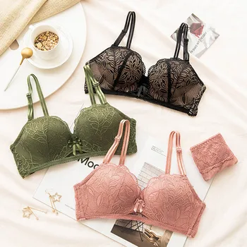 

Wasteheart Women Fashion Green Pink Sexy Lingerie Set Cut Out Lace Bra Cotton Panties Push Up Underwire Bra Set Underwear A B