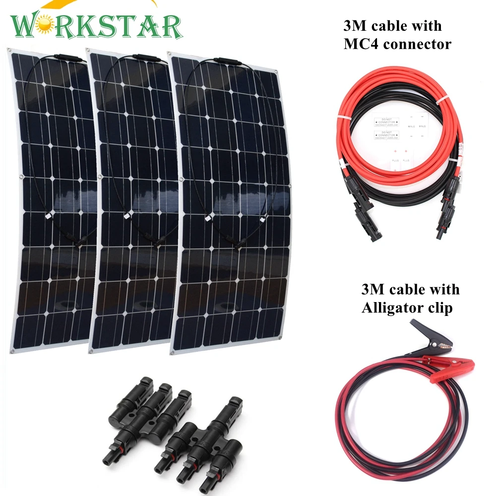

WORKSTAR 3*100W Mono Flexible Solar Panel Solar Module with Connectors and Cables 300W Solar System Kit 100W Solar Charger