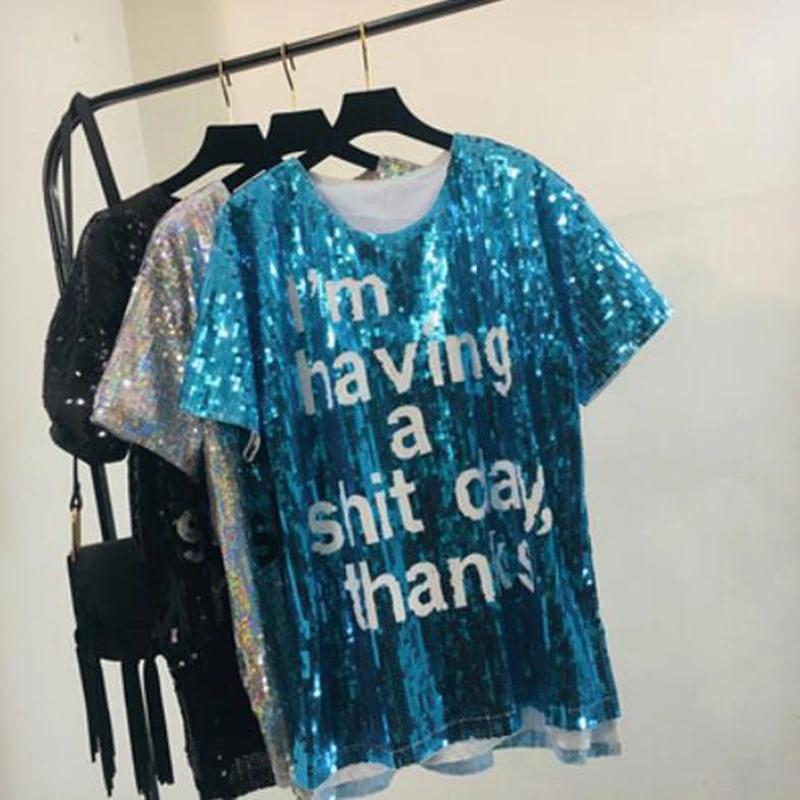 Блестки blingbling с короткими рукавами футболка женские новые свободные летние большие размеры письмо сплит мода футболка