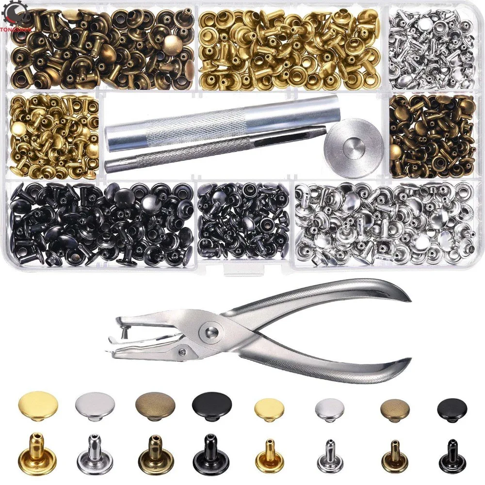 

240 Set Leather Rivets Double Cap Rivet Tubular Metal Studs 2 Sizes with Punch Pliers for Leather Craft Repairs Decoration