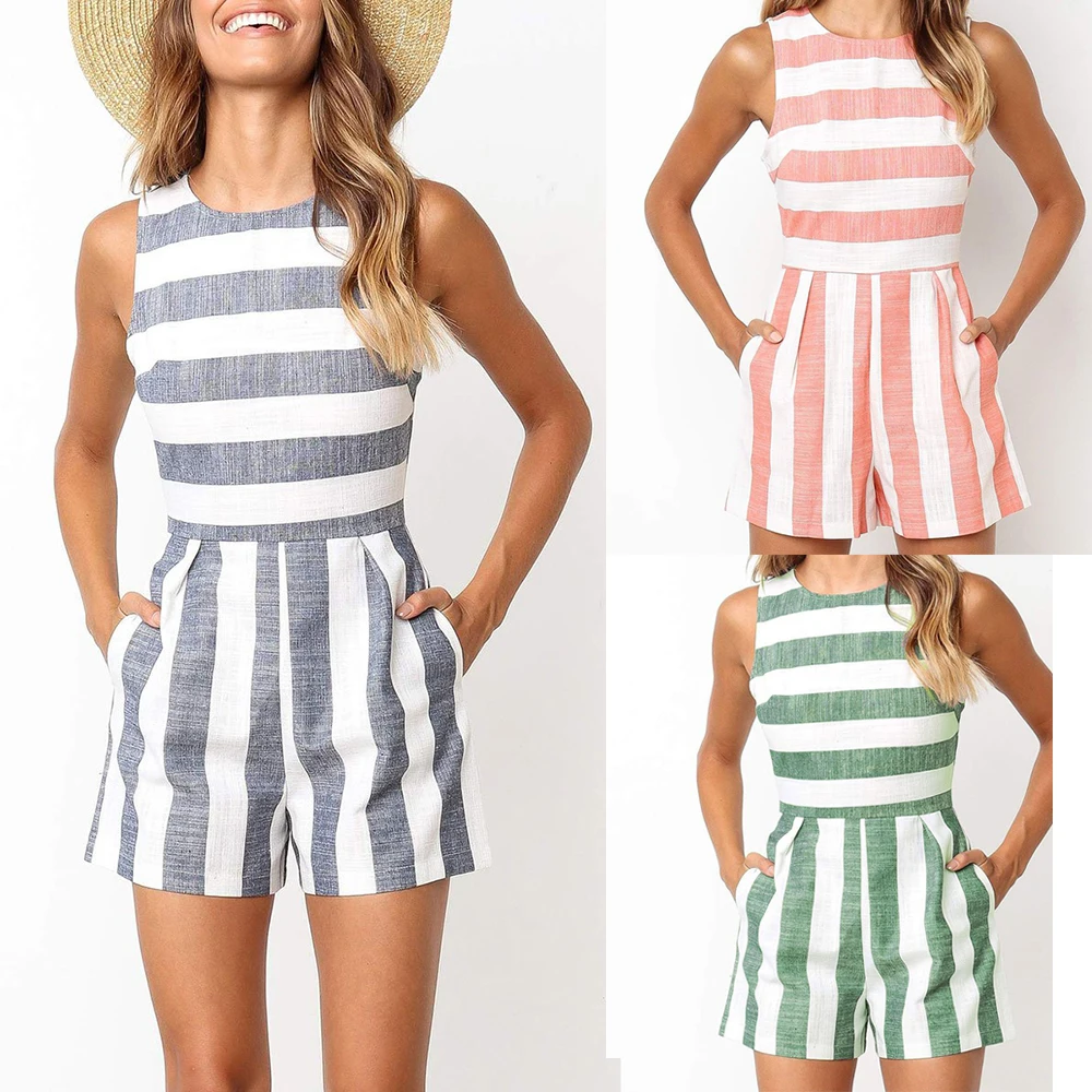 

New style 2019 Summer Fashion Blue green gray pink stripes women's jumpsuit England style O-neck sleeveless Rompers