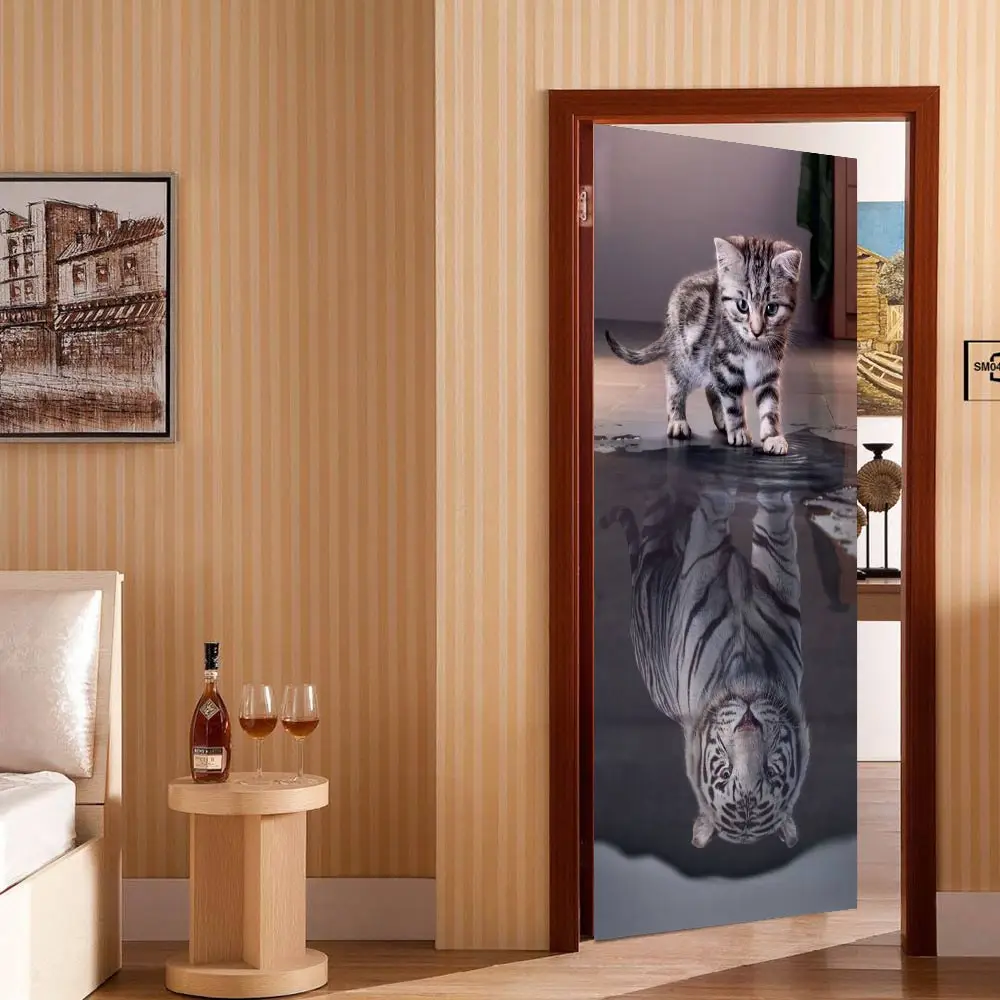 3D наклейка на дверь с милым котом, отражающим тигром, плакат, Настенная Наклейка на дверь, художественная дверь в спальню, водонепроницаемая ПВХ наклейка, сделай сам, домашний декор