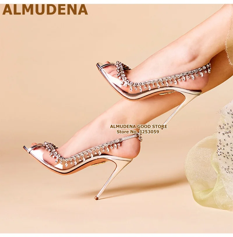 ALMUDENA Graceful Silver Clear PVC Crystal Wedding Shoes Open Toe Elastic Band Slingback Fringe Shoes Bling Bling Rhinestone