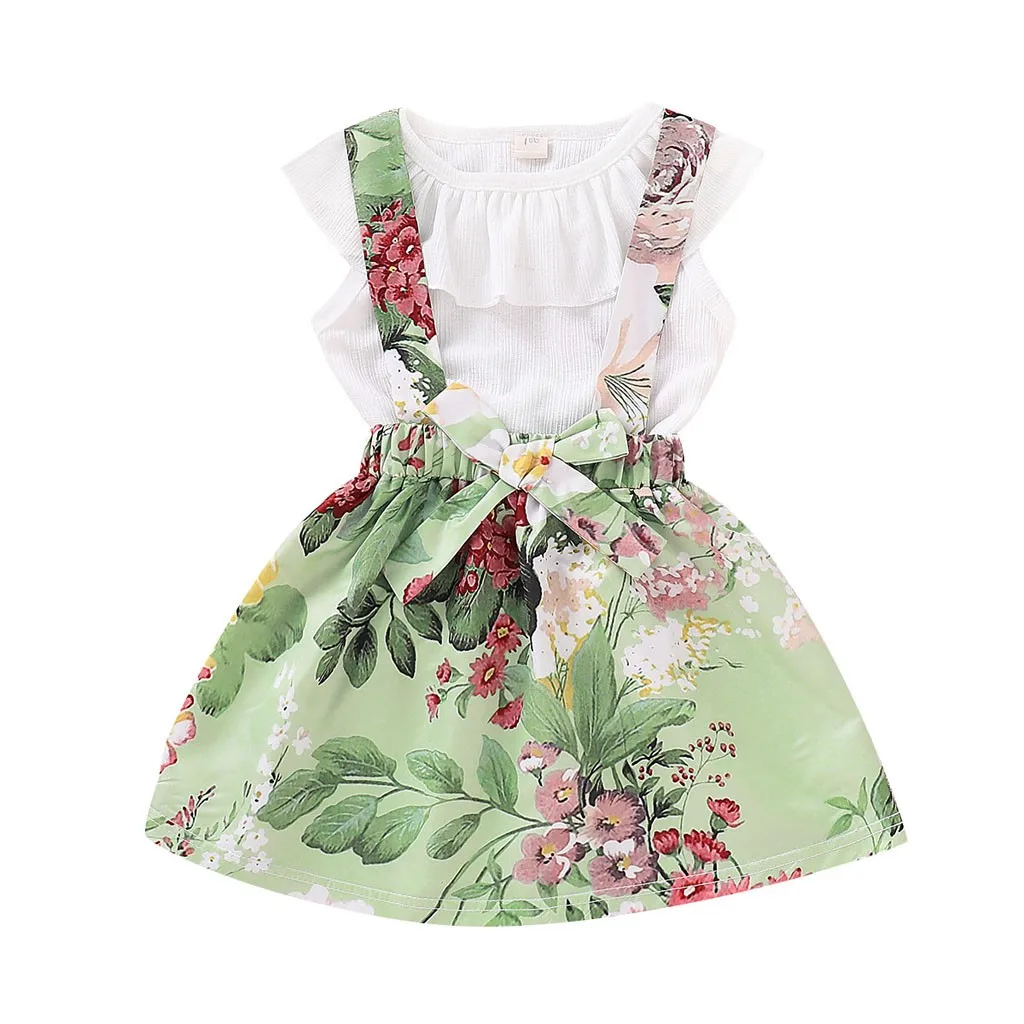 

Small fresh printed strap cute princess dress Toddler Baby Girls Sleeveless Solid Ruffles Tops Floral Overall Outfits F4