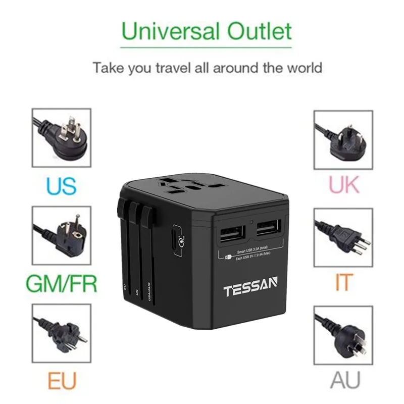 Универсальный дорожный адаптер TESSAN 3USB/2USB порта порт s Tpye C 3 0 переменного тока для