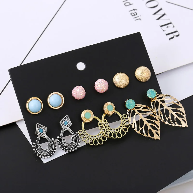 

6 Pairs/Set 2019 Fashion Simple Round Earrings For Women Ethnic Style Geometric Hollow Gold Leaf Stud Earring Set Ladies Jewelry