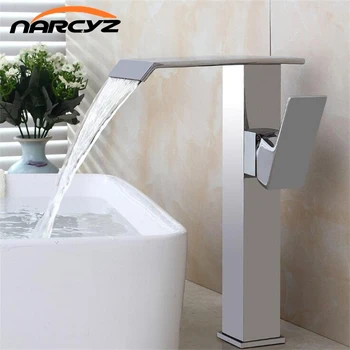 

Basin Faucet Brass Black Waterfall Bathroom Sink Faucet Single Handle Big Square Lavatory Deck Hot Cold Mixer Tap Crane A1013