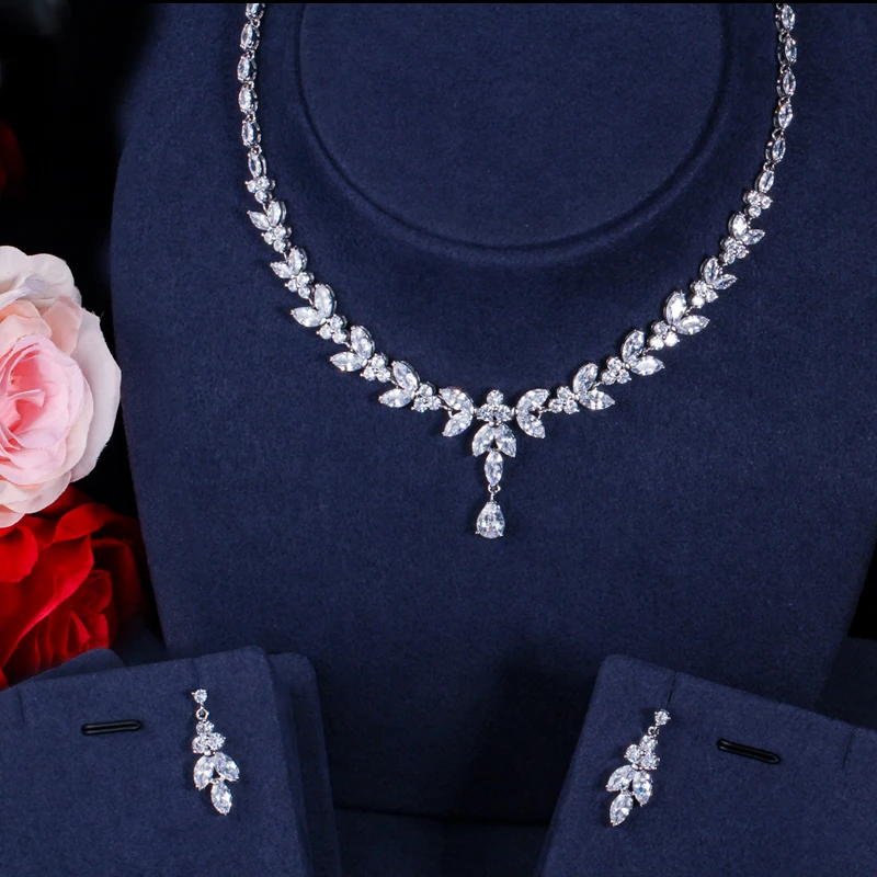Brilliant Cubic Zircon Party Costume Necklace Earrings Wedding Bridal Jewelry Sets Dress Accessories T326