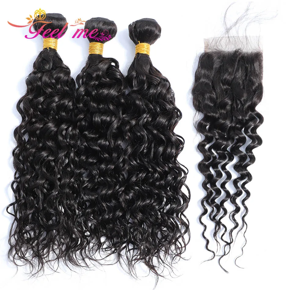 

FEEL ME Brazilian Water Wave Bundles With Closure Human Hair Bundles With Closure Natural Color Remy Hair 3 Bundles With Closure