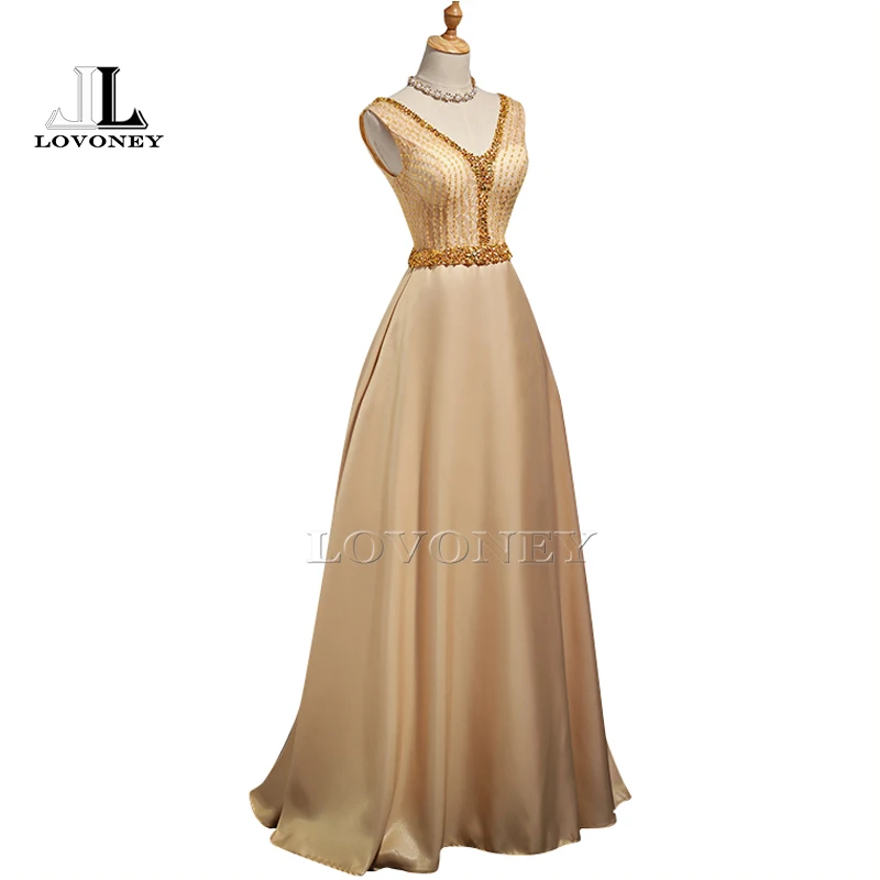 

LOVONEY 2019 New Arrival Sexy V-Neck Golden Evening Dress Gowns Floor-Length Long Formal Party Dresses Lace-Up Back HZX404