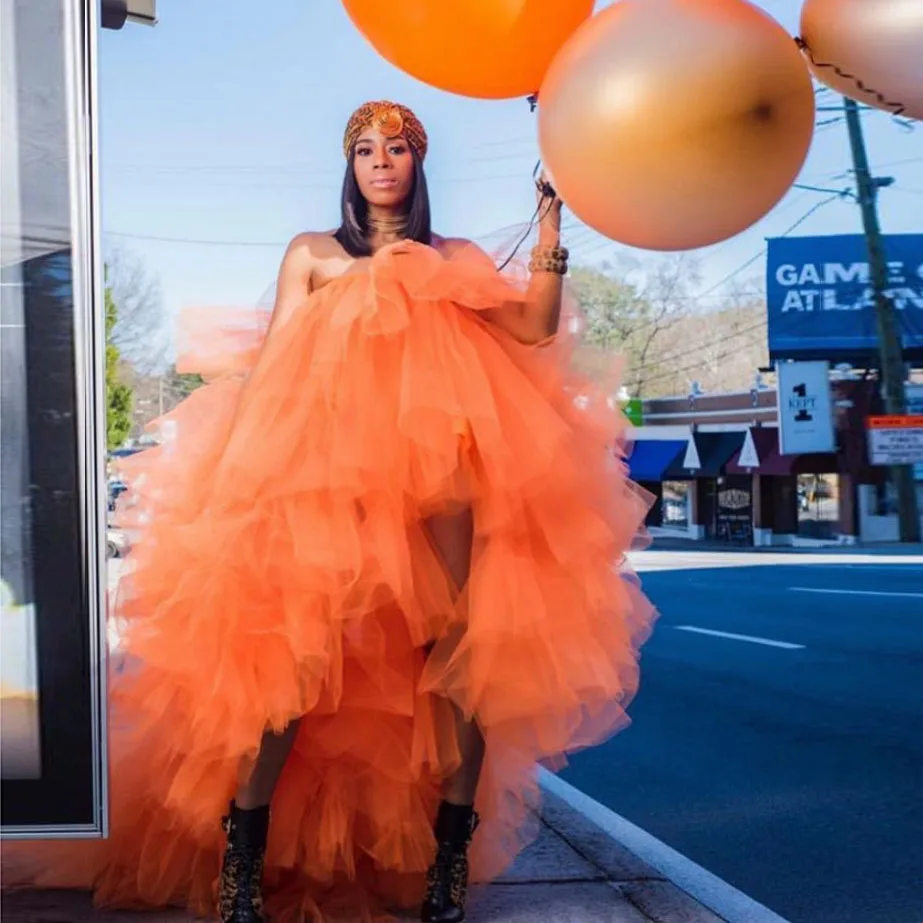 

Off Shoulder Party Dress abendkleider Orange Evening Gown Plus Size Sleeveless 2019 Hi Low Formal Dresses Tulle robe de soiree