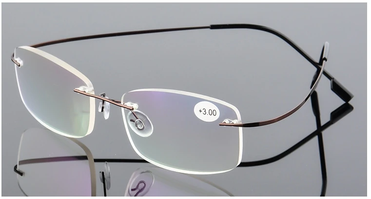 Безрамные очки из нержавеющей стали с эффектом памяти для чтения, Суперэластичные тонкие линзы, сверхлегкие+ 300 Вес 12 г, 7 цветов AB915 - Цвет оправы: Brown