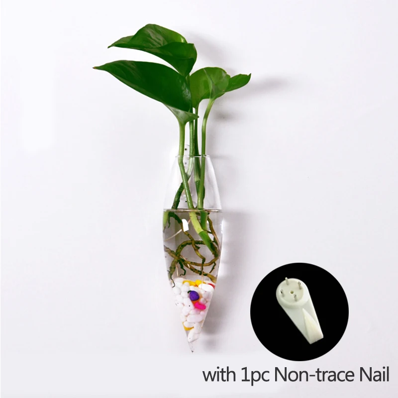 

Wall Hanging Water Planting Flower Vase Ice-Piton Glass Vase Wall Clear Flowerpot Tank Transparent Vases with Non-trace Nail