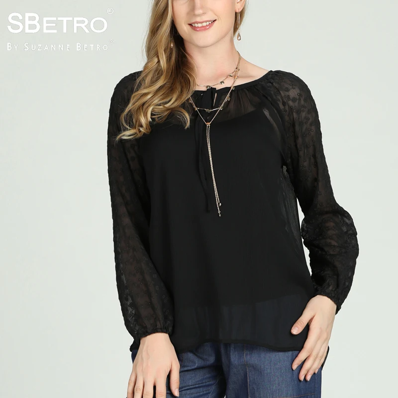 

SBetro Long Sleeve Tunic Tops Female Black Swiss Dot Chiffon Sheer Tie Neck Fashion Autumn Women Blouses Shirts