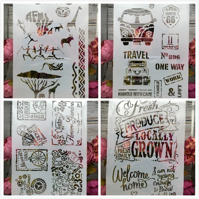 

4Pcs/Set A4 Bus Stamp Animals DIY Layering Stencils Painting Scrapbook Coloring Embossing Album Decorative Card Template