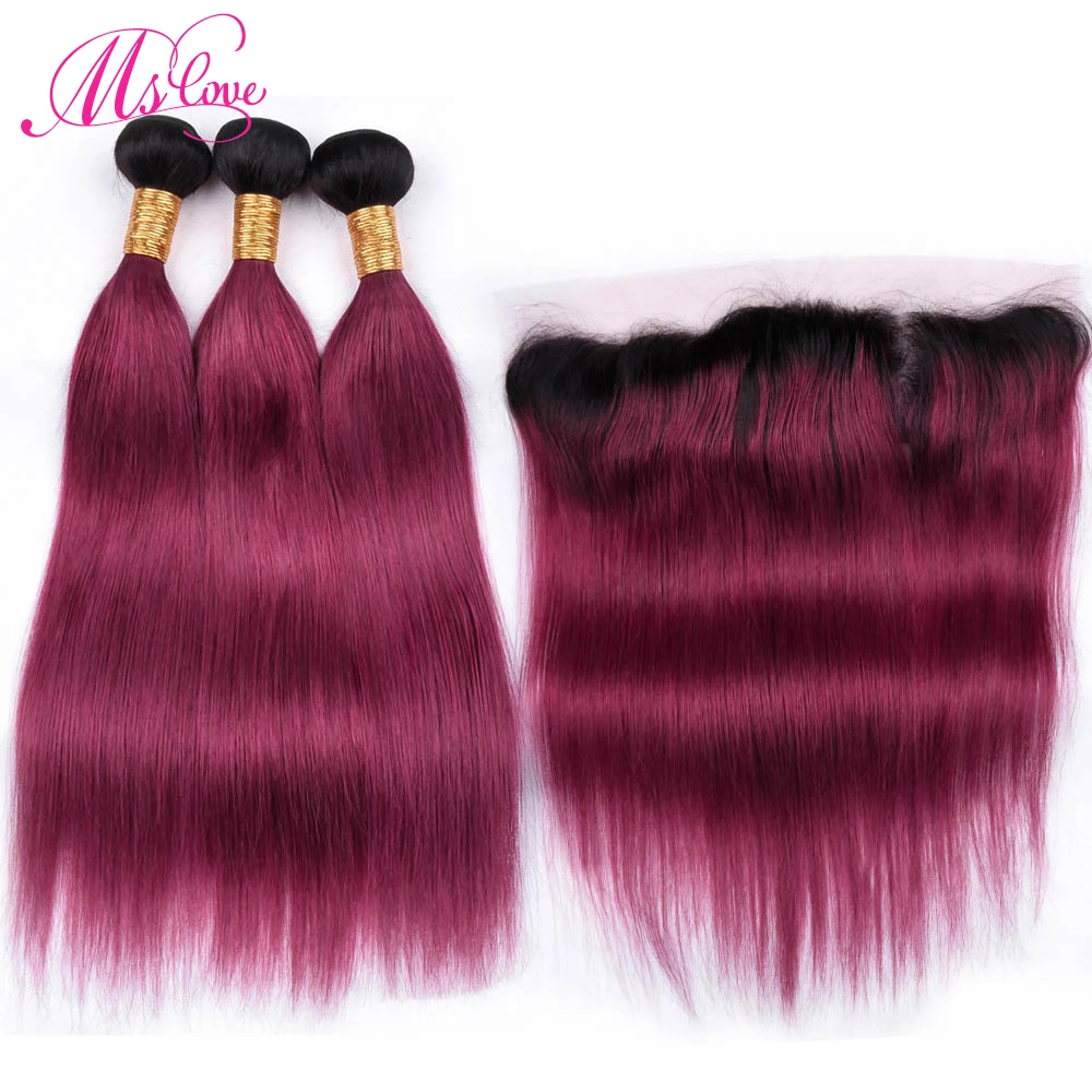 MS Love Tb/Burgundy Связки с фронтальной 13*4 синтетическое закрытие шнурка Remy прямые