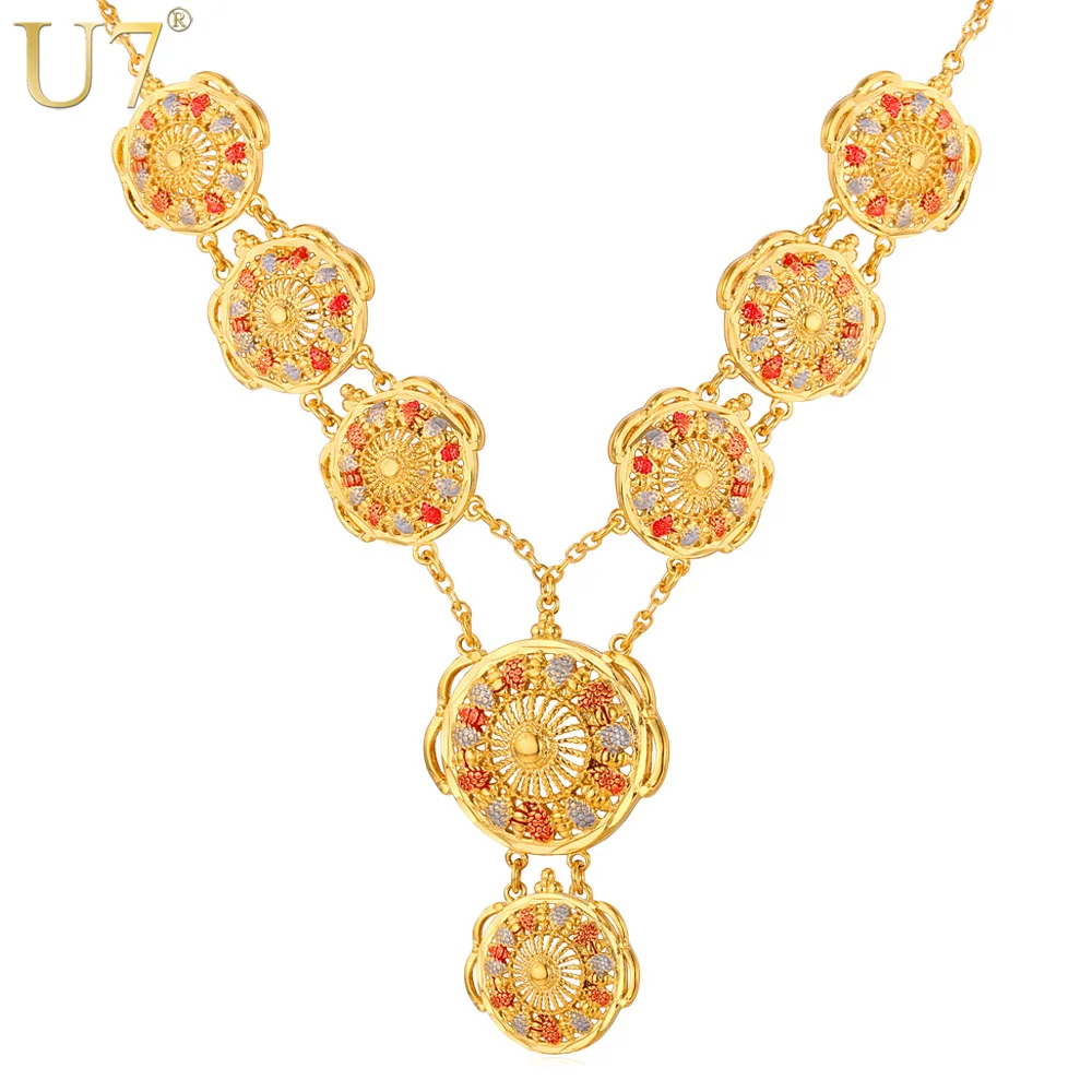 U7 Long Indian Necklace Pendant Trendy Gold Color Party Romantic Round Necklaces For Women Wedding Wholesale N400 | Украшения и