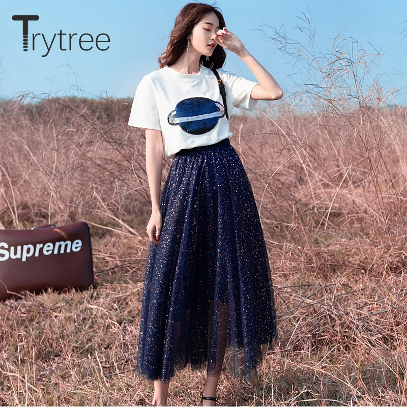 

Trytree Summer Women Romantic two piece set Casual Planet Sequin tops + skirt Elastic Waist Pleated skirt Suit Set 2 Piece Set