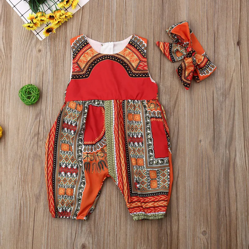 Africa Ethnic Style Toddler Kid Baby Girls Rompers Summer Sleeveless Jumpsuit Romper With Headband Clothes Outfits Set Playsuit Baby Bodysuits medium