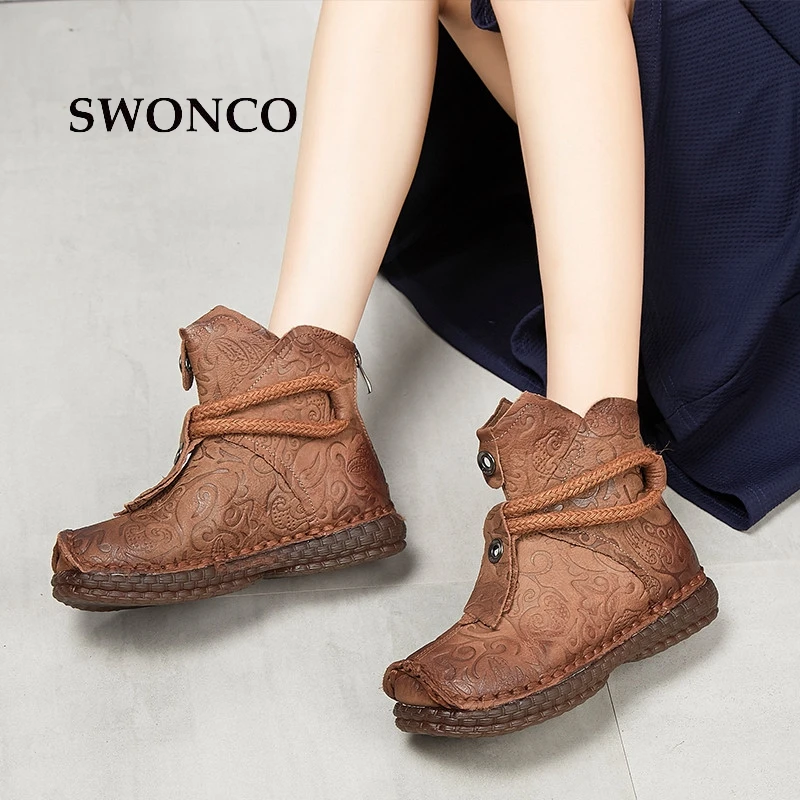 SWONCO Women's National Wind Ankle Boots 2018 Spring Autumn Genuine Leather Ladies Boot Ankle Boots For Women Female Shoes Boot