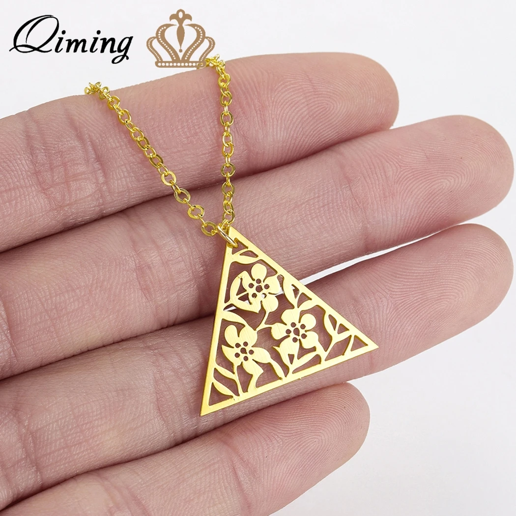 

QIMING Gold Flower Triangle Necklace Vintage Tibetan Retro Jewelry Boho Style Gift For Her Art Deco Pendant Chain Necklace Gifts