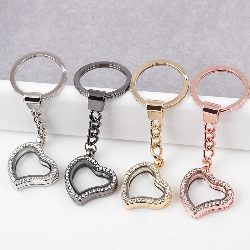

5PCs 30*8mm Rhinestone Crooked Heart Glass floating locket keychain Key ring Fit floating charms