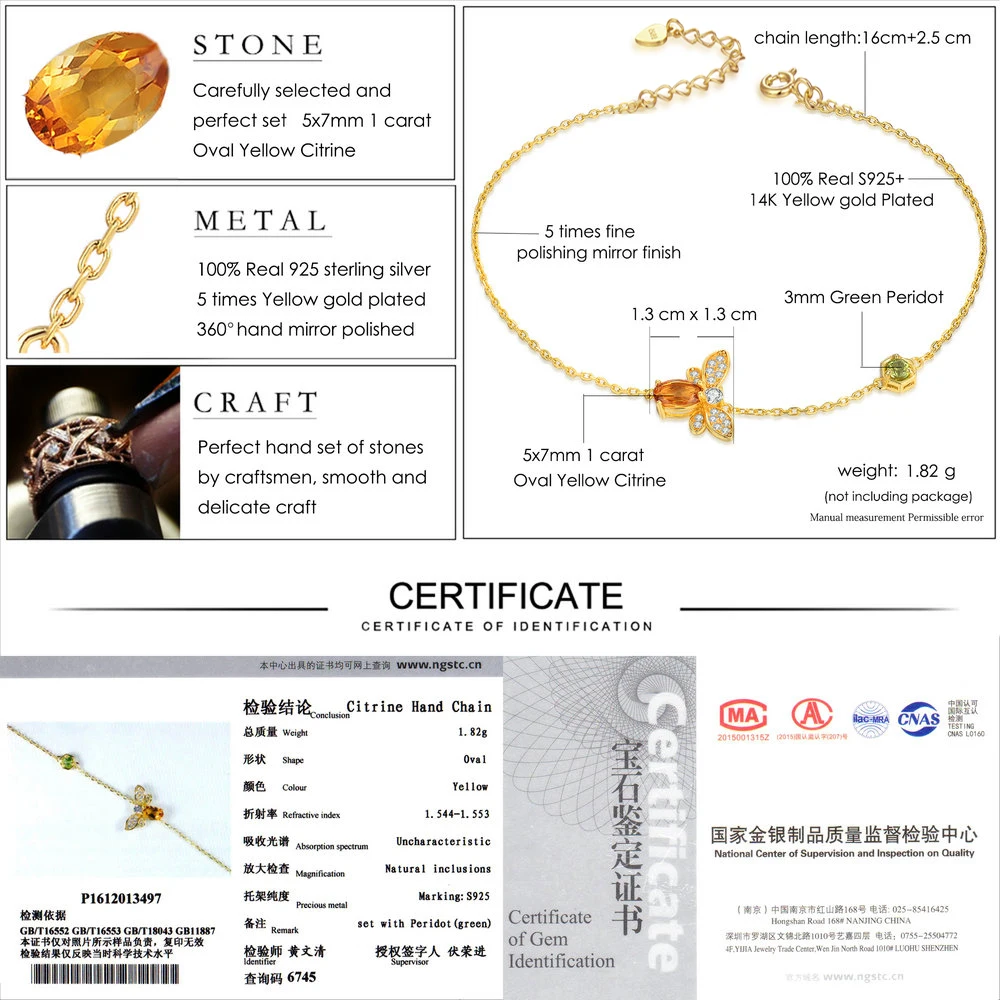 LAMOON- Bee 5X7mm 100% Natural Oval Citrine 925 Sterling Silver Jewelry Chain Charm Bracelet S925 LMHI002