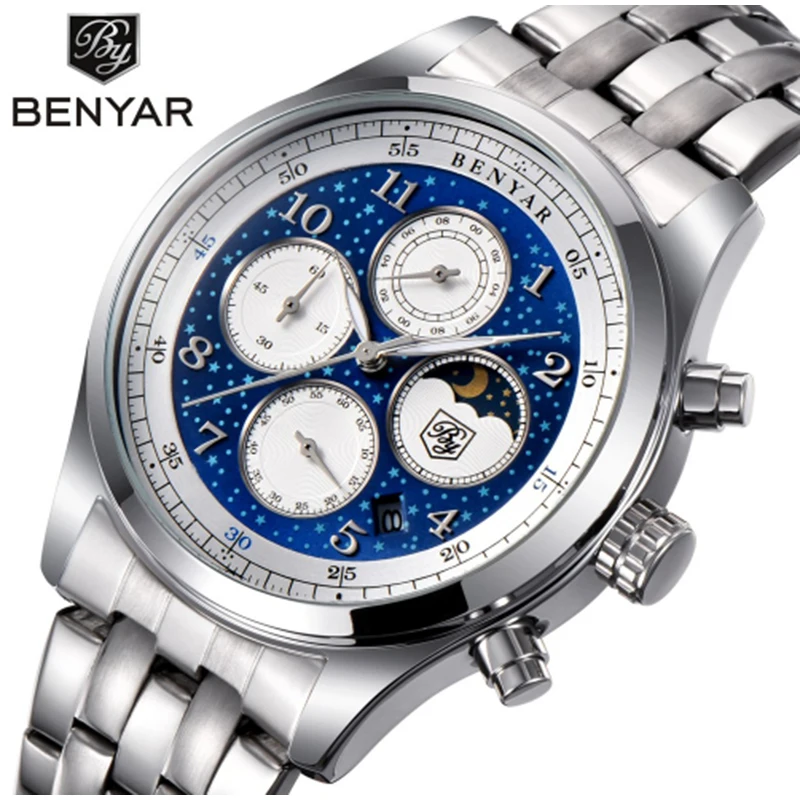 

BENYAR Quartz Wrist Watch Men Luxury Stainless Steel Classic Blue Star Dial Calendar Male Chronograph Analog Clock Men's Watches