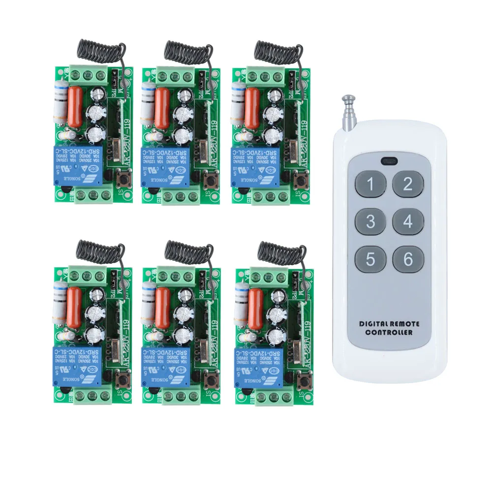 

RF AC 220V 1000W One 6-buttons Transmitter 6X 1 Channel Relays Smart Wireless Remote Control Light Switch