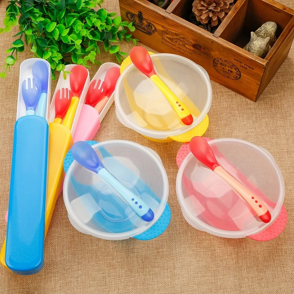 

3Pcs/set Baby Learning Dishes With Suction Cup Kids Safety Dinnerware Set Assist Bowl Temperature Sensing Spoon Fork Tableware