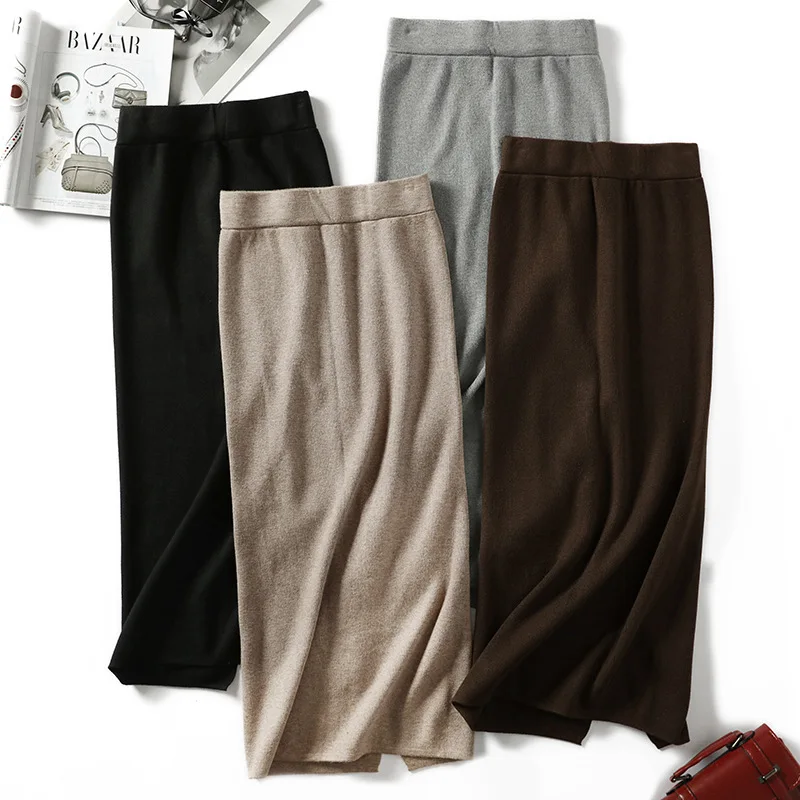 Kopen Vrouwen split trui rokken lange gebreide rok hoge taille midi rok warm breien rokken bodems casual zwart grijs kaki abrikoos